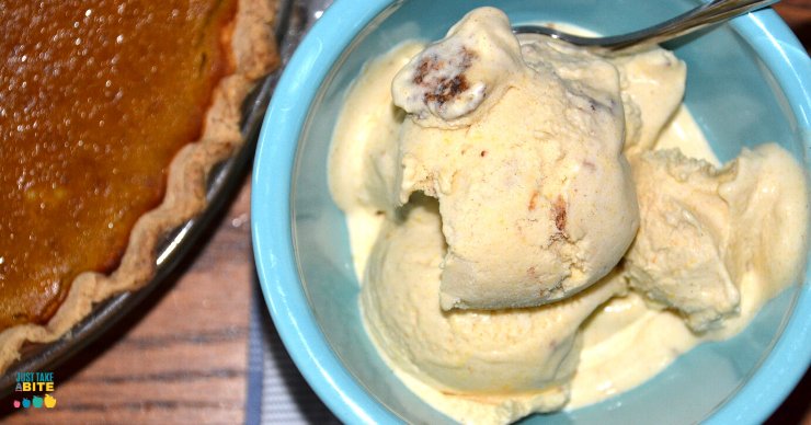 This dairy-free pumpkin pie ice cream is filled with pumpkin and spice and crunchy pieces of pie crust. It is the perfect dessert for transitioning from summer into fall.