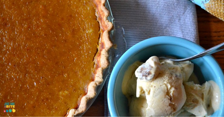 This dairy-free pumpkin pie ice cream is filled with pumpkin and spice and crunchy pieces of pie crust. It is the perfect dessert for transitioning from summer into fall.