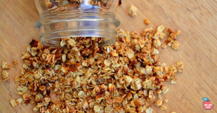 Kettle corn granola is a little salty and little sweet. You get the flavor of kettle corn in your breakfast bowl!