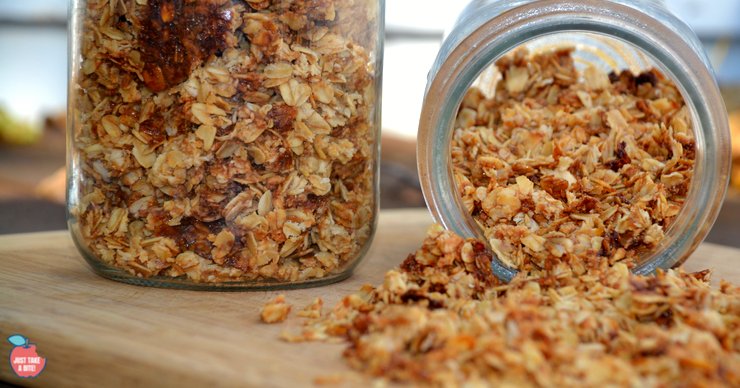 Kettle corn granola is a little salty and little sweet. You get the flavor of kettle corn in your breakfast bowl!