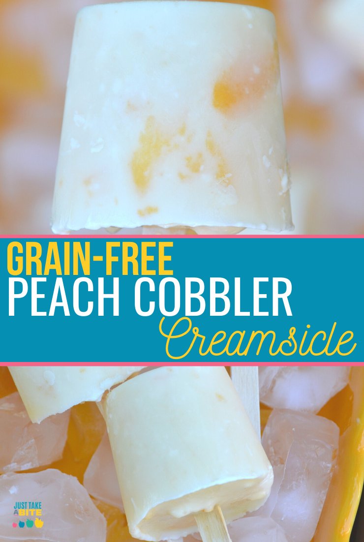 Looking for a delicious way to cool down in August? These grain-free peach cobbler creamsicles are made with just a few simple ingredients and kids love them! Put your extra peaches to good use with this fun summer treat. #peaches #frozentreat #summerfood #kidfood