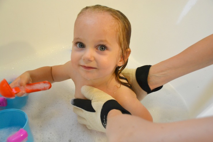 Want to make bath time both fun and safe? Try LatherMitts! Hold your baby tight and wash him with one product.