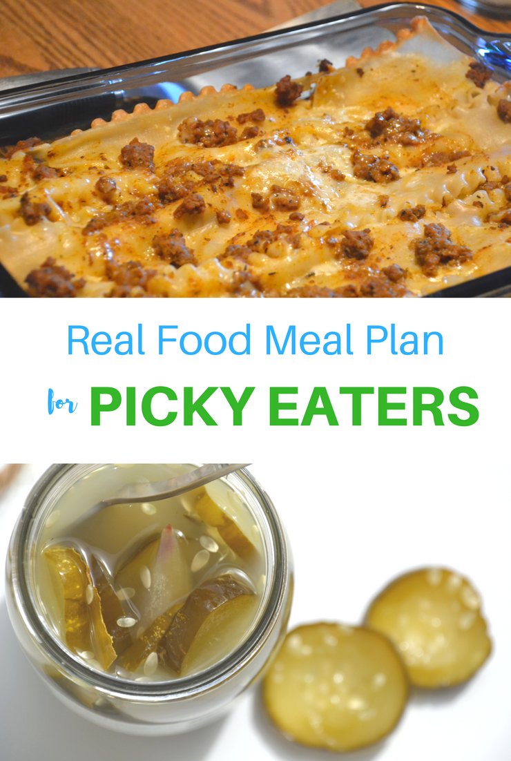 This week's real food meal plan for picky eaters includes waffles, salmon cakes and brats. I predict my kids will clear their plates!