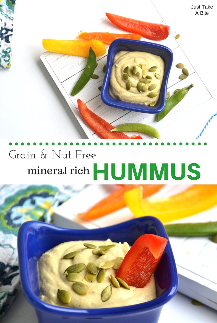 Grain and nut free mineral rich hummus makes the perfect snack or lunch box addition. This is will soon become a kid favorite for dipping veggies!