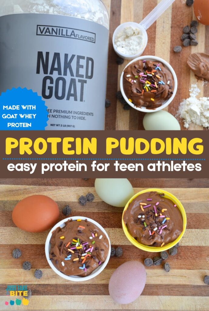 Chocolate protein pudding for teens made with Naked Nutrition goat whey. Chocolate protein pudding for teen athletes